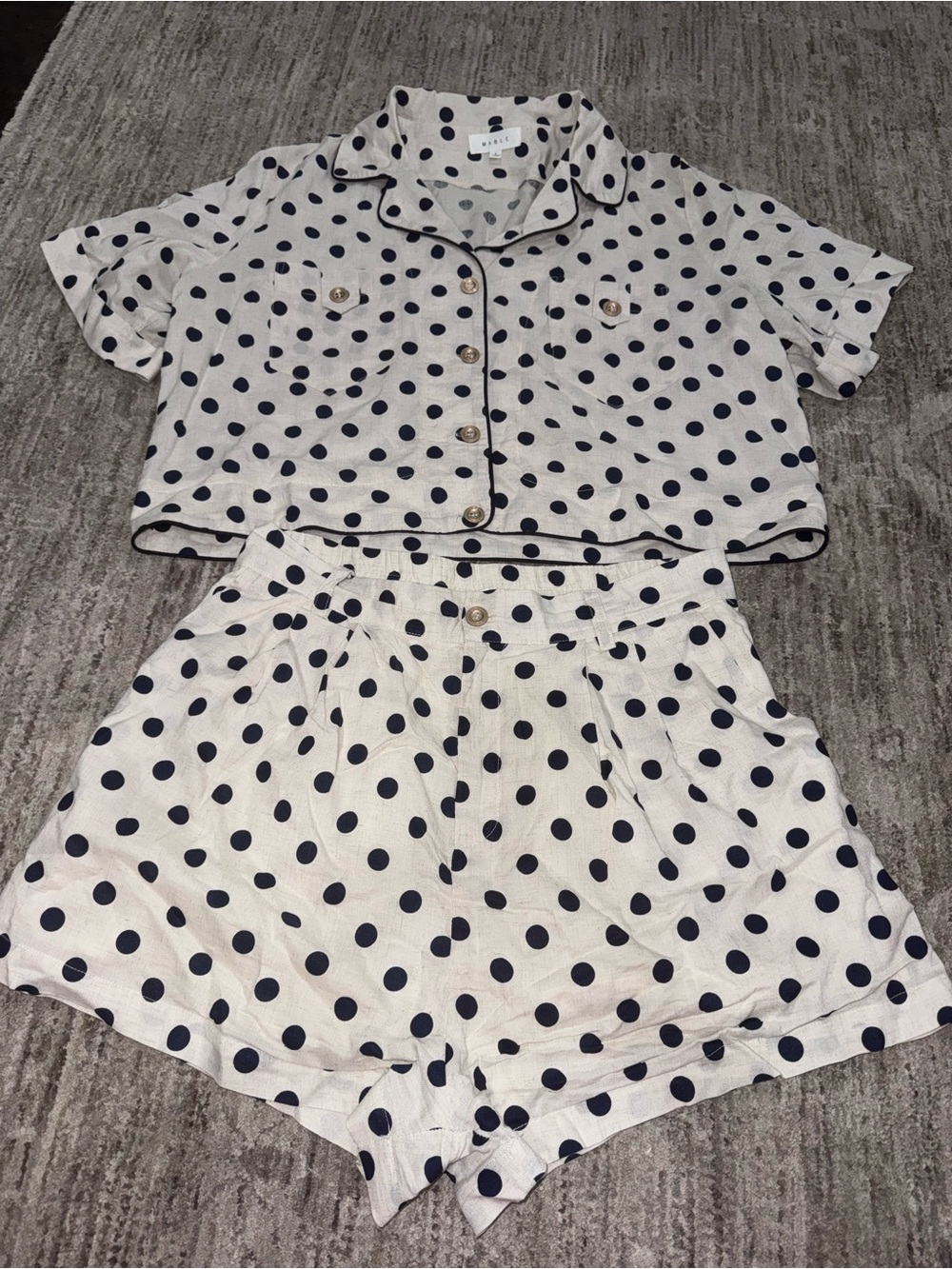 Mable Polka Dot Short Set in Cream/Linen and Navy Color- Sz Large